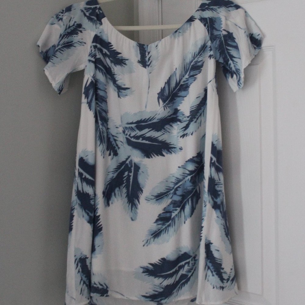 Olivaceous off the shoulder blue and white dress